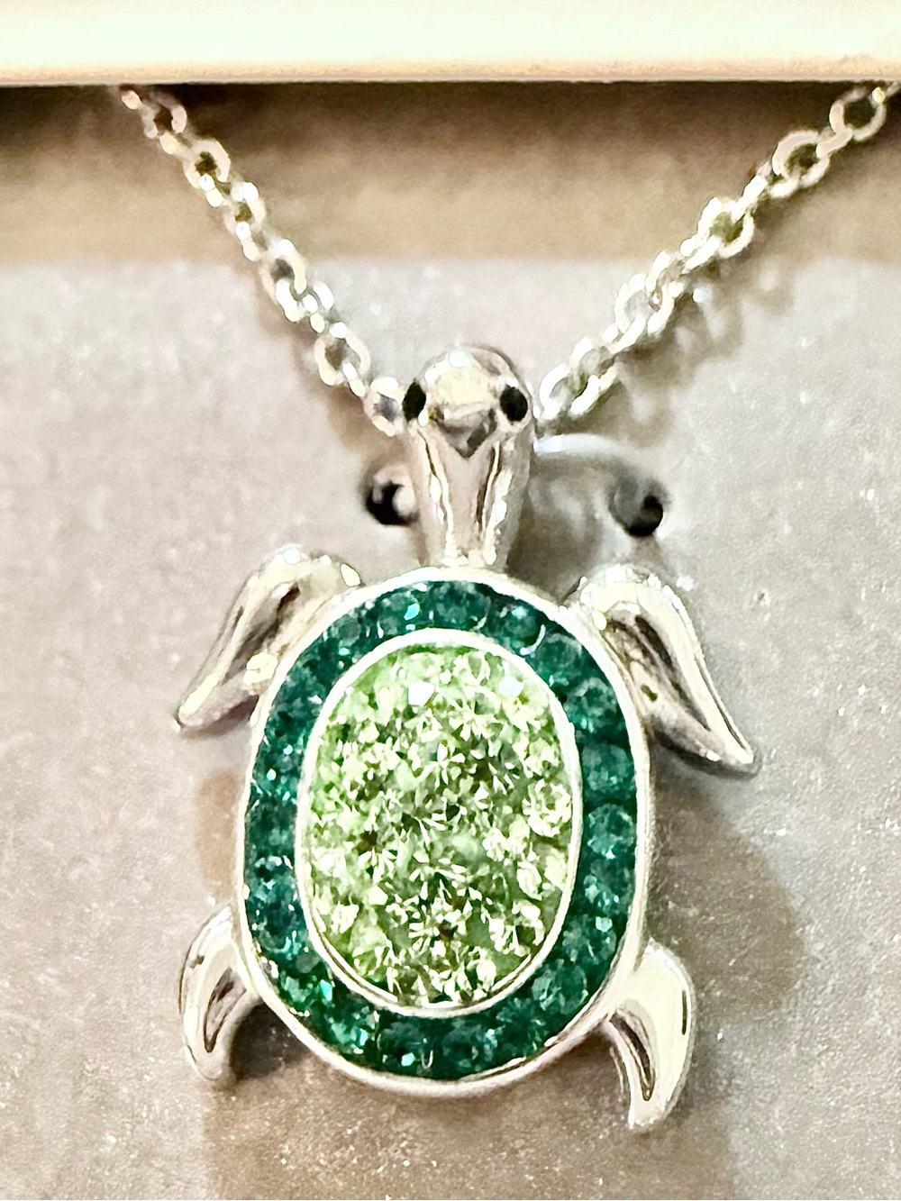 NWT Sea Turtle Pendant Necklace Green Crystal Gift Box